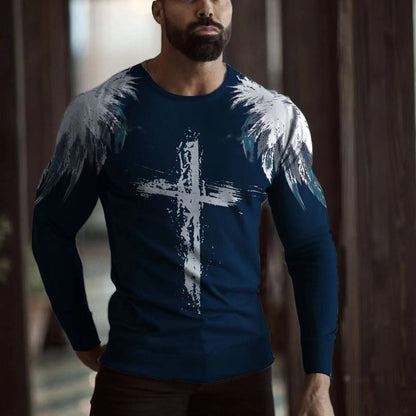 Men's Color Gradient Long Sleeve T-shirt Fashion Print Round Neck Top