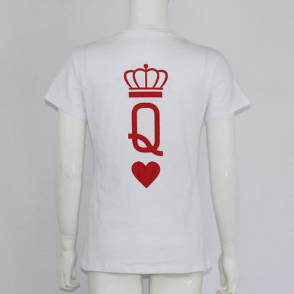Super fire couple models T-shirt playing cards spades red hearts king queen crown print t-shirt