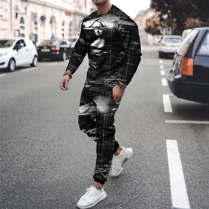 Round Neck T Shirt Long Sleeve Sports Pants Two Piece Set